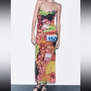 NWT ZARA Ruched Mesh Colorful Fruit Stand Print Midi Dress Sz Medium Blogger M